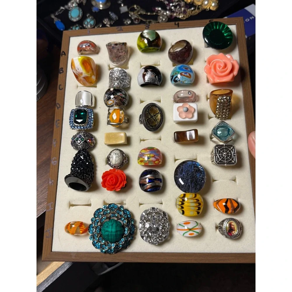 Costume Statement Ring Lot 36 pc Murano Glass Acrylic Resin Silver Tone Boho Mix
